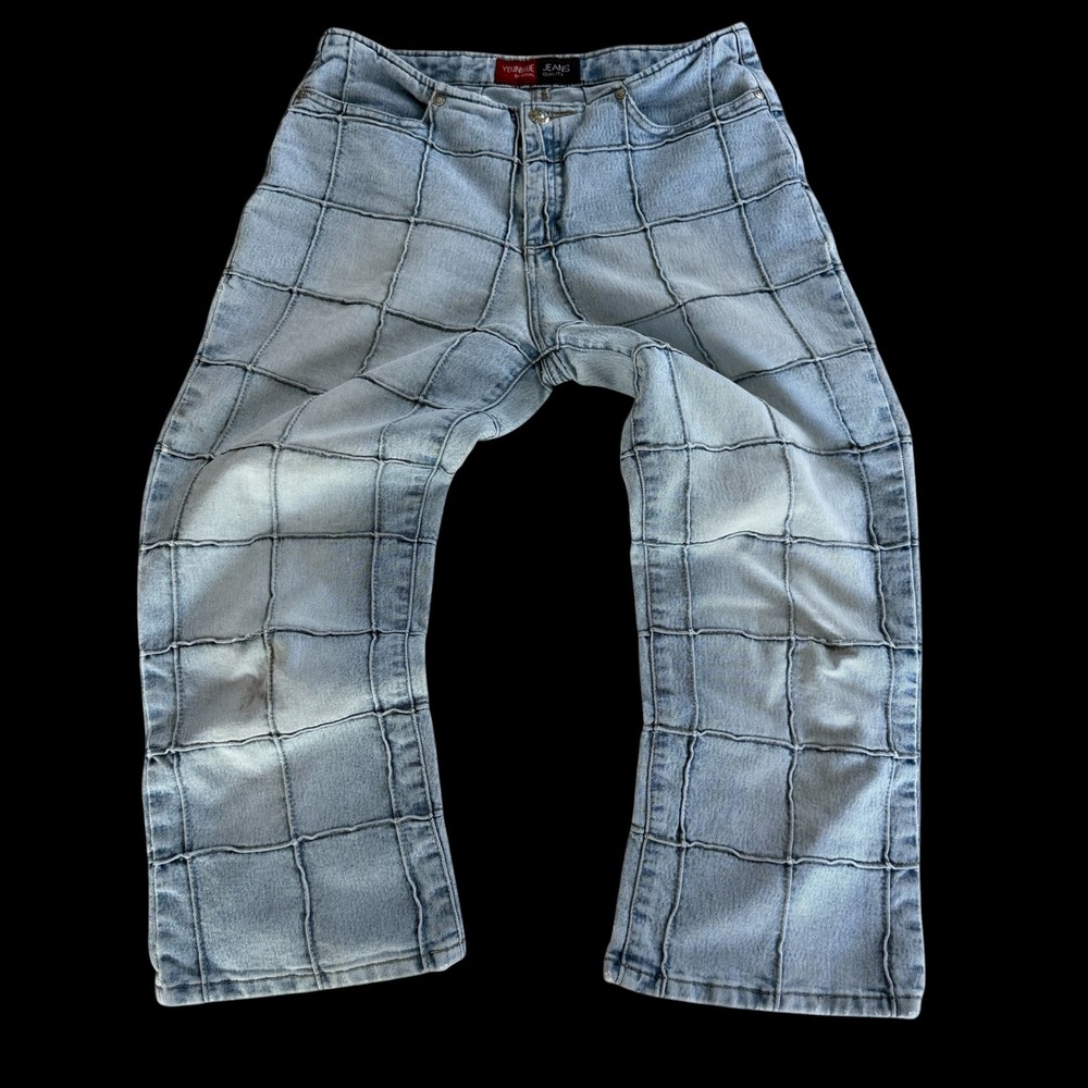 Y2K Younique Jeans Grid Patchwork Denim Capri‎ Pants Womens 29